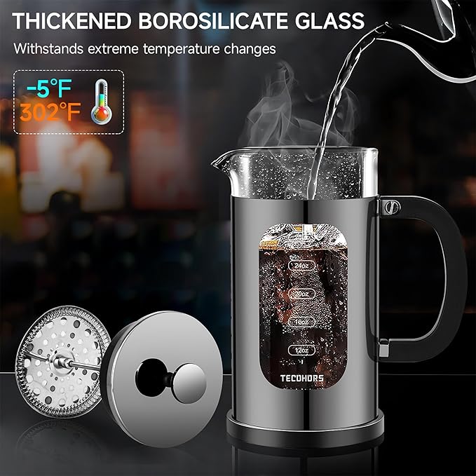 French Press Coffee Maker 34oz / 1 Quart 304 Stainless Steel Coffee Press,with 4 Filters System, Heat Resistant Thickness Borosilicate Glass, Brewed Coffee Pot (Bright Black)