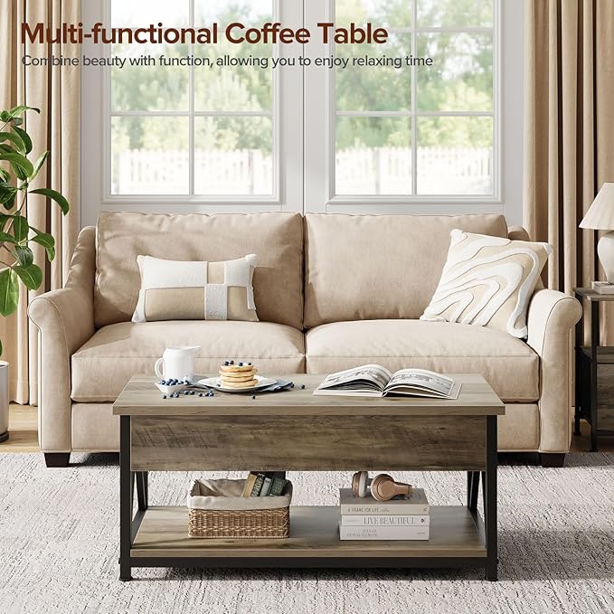 Lift Top Coffee Table,Lift Coffee Table with Storage Shelf and Large Hidden Compartment for Living Room,Lifting top Coffee Tables for Small Space,Grey