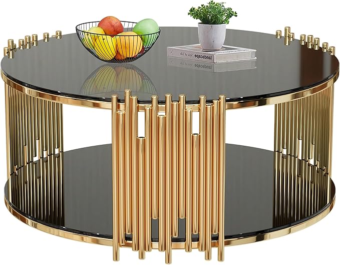 Round Coffee Table with Gold Stainless Steel Base, 2-Tier Black Glass Coffee Table Center Table, Modern Coffee Table Circular Living Room Table Cocktail Tables, Circle Center Tables