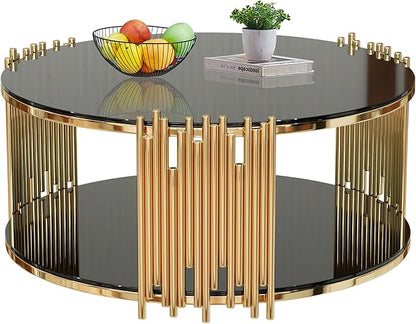 Round Coffee Table with Gold Stainless Steel Base, 2-Tier Black Glass Coffee Table Center Table, Modern Coffee Table Circular Living Room Table Cocktail Tables, Circle Center Tables