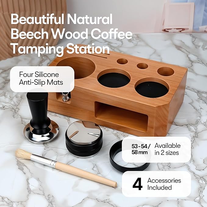 Espresso Tamping Station With Tools - 51, 53, 54 mm - Includes Coffee Tamper, Distributor, Dosing Funnel & Brush - Wooden Coffee Tamper Station - Espresso Organizer & Portafilter Holder
