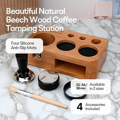 Espresso Tamping Station With Tools - 51, 53, 54 mm - Includes Coffee Tamper, Distributor, Dosing Funnel & Brush - Wooden Coffee Tamper Station - Espresso Organizer & Portafilter Holder