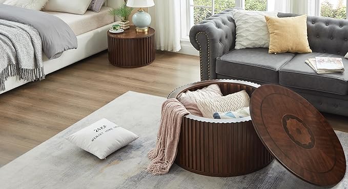 Round Coffee Table Set of 2, Nesting Coffee Tables with Removable Lid, Mid Century Modern Wooden End Table with Large Storage Space for Living Room