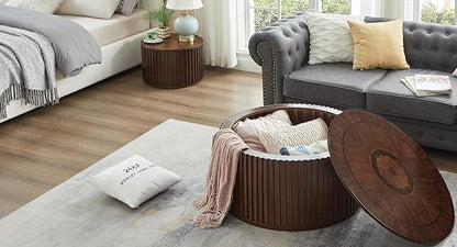 Round Coffee Table Set of 2, Nesting Coffee Tables with Removable Lid, Mid Century Modern Wooden End Table with Large Storage Space for Living Room