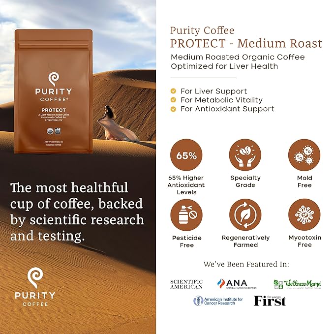 Purity Coffee PROTECT Light-Medium Roast Ground Coffee for Liver Vitality - USDA Organic and Third-Party Tested for Antioxidants, Mold, Mycotoxins and Pesticides - 12oz (Purity Protect, light_roast) | Ground| PROTECT