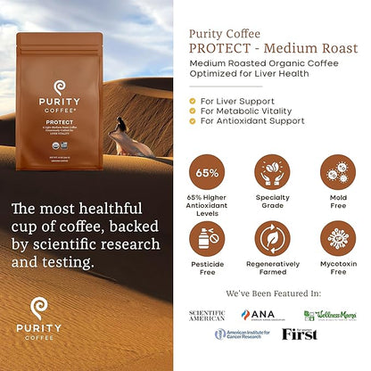 Purity Coffee PROTECT Light-Medium Roast Ground Coffee for Liver Vitality - USDA Organic and Third-Party Tested for Antioxidants, Mold, Mycotoxins and Pesticides - 12oz (Purity Protect, light_roast) | Ground| PROTECT