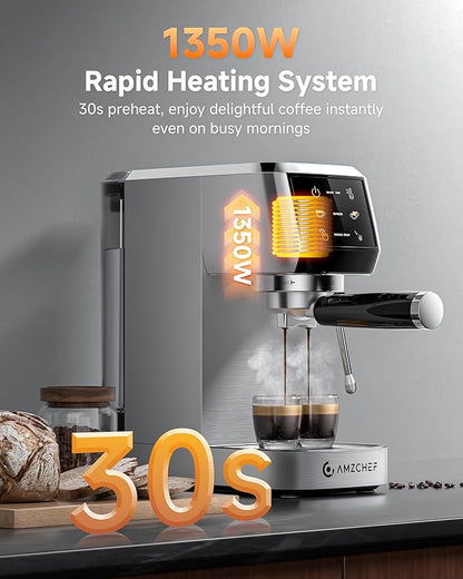 AMZCHEF Espresso Machine 20 Bar Professional Coffee Maker with Milk Frother, Adjustable Temperature & Pressure, Stainless Steel Espresso Maker for Cappuccino, Latte, Mocha, 44oz Removable Water Tank
