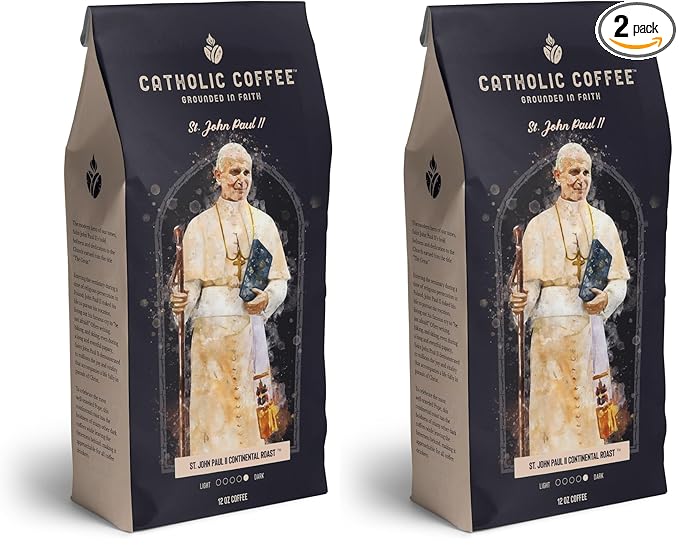 Catholic Coffee Pope St. John Paul II | Peruvian Dark Roast Whole Bean Coffee – Cedar & Chocolate Notes | 12oz Bag – Bold Catholic Gift Inspired by a Modern Saint (Pack of 2)