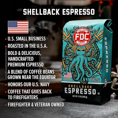 Fire Department Coffee - Gives Back to Firefighters - Bold & Smooth Shellback Espresso Ground Coffee - Roasted in the USA - Veteran Owned - 12 oz