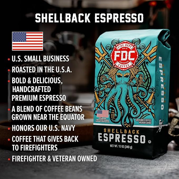 Fire Department Coffee - Gives Back to Firefighters - Bold & Smooth Shellback Espresso Coffee Beans - Roasted in the USA - Veteran Owned - 12 oz