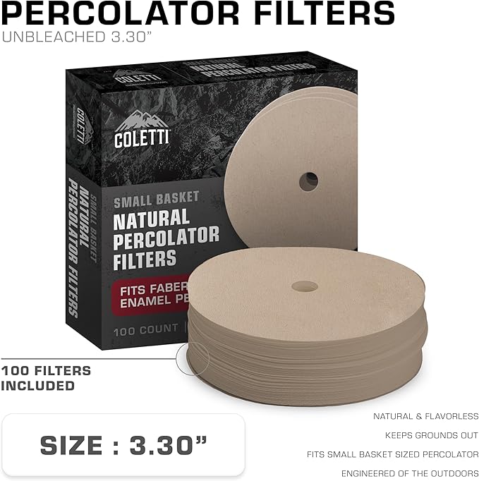 COLETTI Percolator Coffee Pot Filters – Camping Coffee Filter – Disc Coffee Filters For Percolators (Unbleach Paper, 3.3")