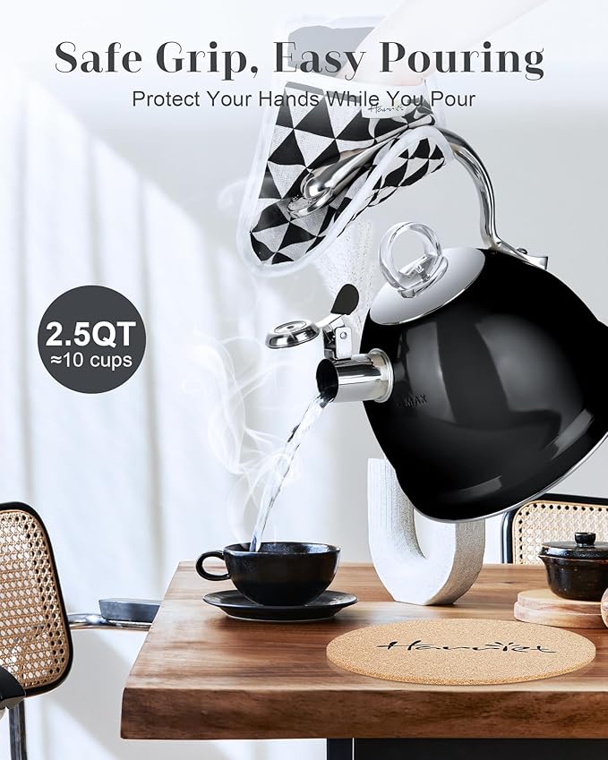 Harriet Tea Kettle Stovetop, 2.5 QT Whistling Stainless Steel Teapot, 3-Layer Base, Unique Ergonomic Handle, Includes Pot Holder & Mat, Electric/Induction/Gas Stovetops Applicable, Black