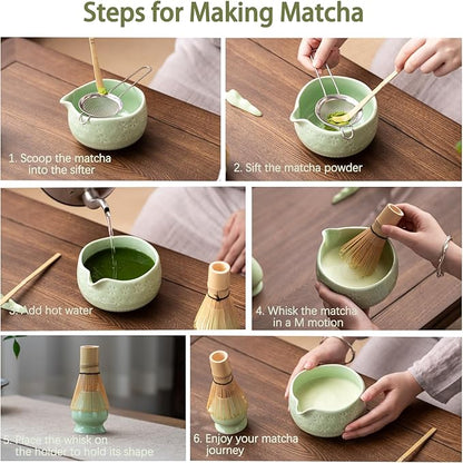 Matcha Whisk Set, Ceramic Matcha Bowl, Bamboo Whisk, Scoop, Sifter, Tea Towel - 7 Pcs Matcha Kit for Matcha Lovers (Green)
