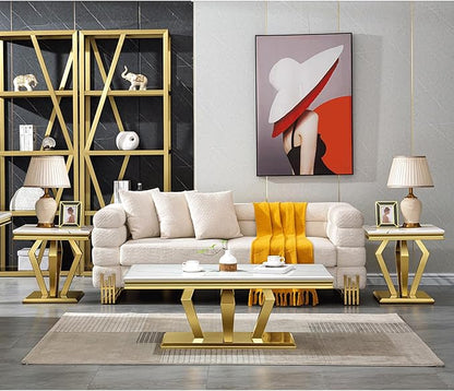 Living Room Table Set, 3-Piece Table Set Includes Coffee Table & 2 End Tables, White and Gold Table Set for Home Apartment Office