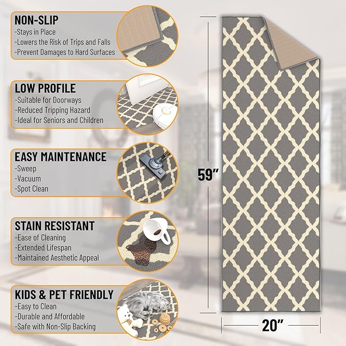 Ottomanson Hallway Runner Rug 20" x 59" Non Slip Trellis Area Rugs Easy to Clean Laundry Rug Runner Durable & Pet Friendly Floor Carpet Runners for Hallways Entryway Living Room Kitchen, Gray