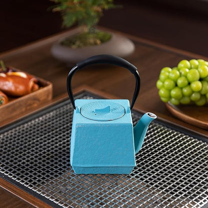 Cast iron Teapot, Tea Kettle for Stovetop Safe with Stainless Steel Infuser,Japanese Hand-made Square Tea Pot Coated with Enameled Interior for 27oz,780ml Blue