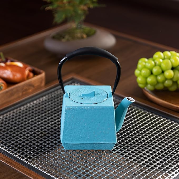 Cast iron Teapot, Tea Kettle for Stovetop Safe with Stainless Steel Infuser,Japanese Hand-made Square Tea Pot Coated with Enameled Interior for 27oz,780ml Blue
