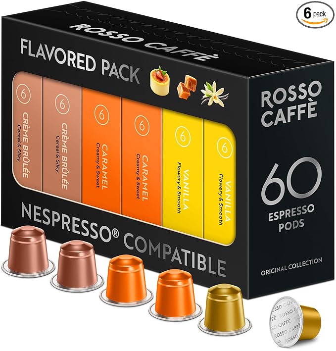 ROSSO CAFFÈ 60 Espresso Coffee Pods for Nespresso Original Machines - Pack of Premium Capsules, 4 Rich and Balanced Flavors (Chocolate, Vanilla, Crème Caramel, Hazelnut)