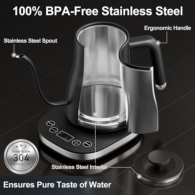Stariver Gooseneck Electric Kettle with 5 Temperature Control Presets, Pour Over Coffee Kettle ±2℉ Temp Control, 1.2L Gooseneck Kettle, for Tea& Coffee, Stainless Steel Interior, 1000W, Black