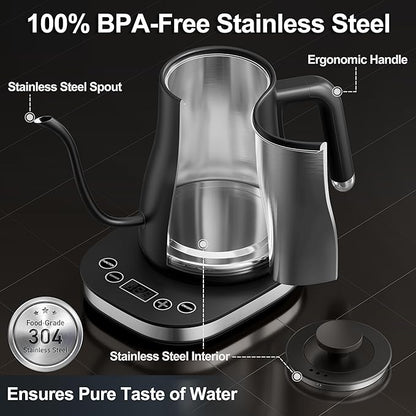 Stariver Gooseneck Electric Kettle with 5 Temperature Control Presets, Pour Over Coffee Kettle ±2℉ Temp Control, 1.2L Gooseneck Kettle, for Tea& Coffee, Stainless Steel Interior, 1000W, Black