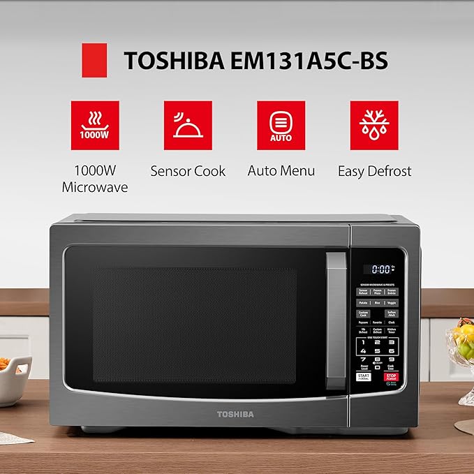 TOSHIBA EM131A5C-BS Countertop Microwave Ovens 1.2 Cu Ft, 12.4" Removable Turntable Smart Humidity Sensor 12 Auto Menus Mute Function ECO Mode Easy Clean Interior Black Color 1000W