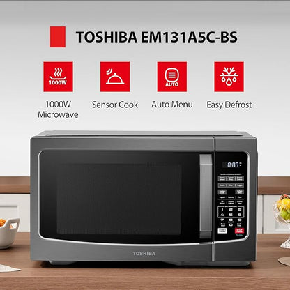 TOSHIBA EM131A5C-BS Countertop Microwave Ovens 1.2 Cu Ft, 12.4" Removable Turntable Smart Humidity Sensor 12 Auto Menus Mute Function ECO Mode Easy Clean Interior Black Color 1000W