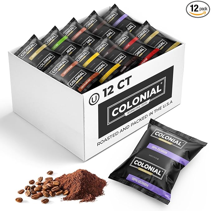 Colonial Coffee 12 Count Single Pot Coffee Packets – Assorted Variety Pack, Medium & Dark Roast Blends | Pre-Measured Frac Packs for 12 Cup Maker | Bulk Ground Gourmet Coffee for Home & Office