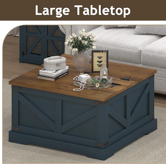 Farmhouse Coffee Table with Hidden Storage Compartment, Square Coffee Table for Living Room, Wood Center Table with Hinged Lifting Tabletop for Home, Navy Blue