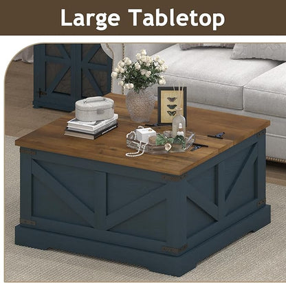 Farmhouse Coffee Table with Hidden Storage Compartment, Square Coffee Table for Living Room, Wood Center Table with Hinged Lifting Tabletop for Home, Navy Blue