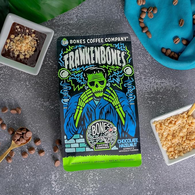 Bones Coffee Company Frankenbones Chocolate and Hazelnut Flavored Coffee, Medium Roast Low Acid Arabica Beans Compatible with Auto drip and French Press Coffee Maker, 12 Oz Whole Bean