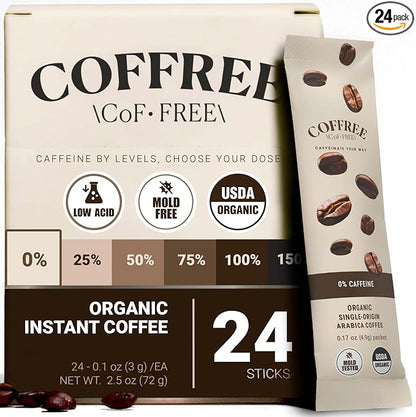 COFFREE Organic Instant Coffee Packets - 0% Decaf Convenient Coffee Sticks, Mold Free, Low Acid Arabica Beans for On-the-Go Energy - Hot or Cold Balanced Taste Single Serve Travel Packets 24 Count