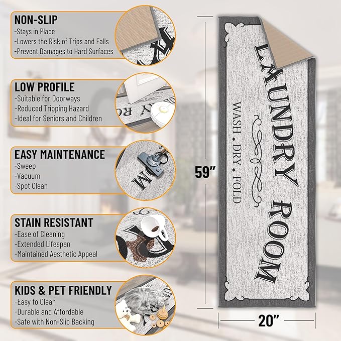 Ottomanson 20" x 59" Laundry Room Rug - Non-Slip Mat for Laundry & Mudroom - Durable, Stain-Resistant, and Easy to Clean - Perfect for High-Traffic Areas - Runner Rug for Entryway Bathroom, Gray