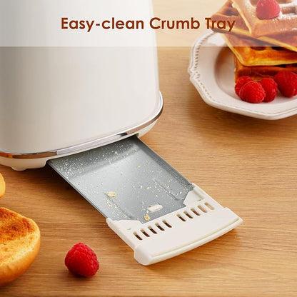 Roter Mond 2 Slice Toaster Retro Stainless Steel with Bagel, Cancel, and Defrost Functions, 6 Bread Shade Settings, Extra Wide Slots and Removable Crumb Tray, Cream