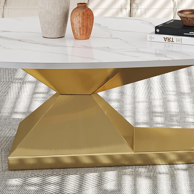 Marble Grain Coffee Table with Gold Stainless Steel Pedestal,Modern Coffee Tables,Oval Living Room Table with Faux Marble Top & Luxury Legs,Sintered Stone Cocktail Center Table,51.20inch