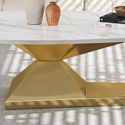 Marble Grain Coffee Table with Gold Stainless Steel Pedestal,Modern Coffee Tables,Oval Living Room Table with Faux Marble Top & Luxury Legs,Sintered Stone Cocktail Center Table,51.20inch