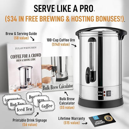 Zulay Commercial Coffee Maker Machine Urn - Large Percolator Pot Dispenser With Double-Wall Stainless Steel, Quick Brew, Stays Hot - Also for Water, Tea, Beverage at Events & Catering - 100 Cup Silver