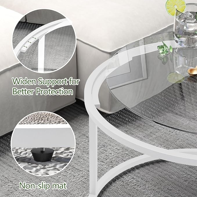 Glass Coffee Table Modern Center Table,Minimalist Coffee Table Sofa Side Tea Table for Living Room,Tempered Glass-top with Sturdy Metal Frame, Easy Assembly, 27 x 27 x 17 Inch,White