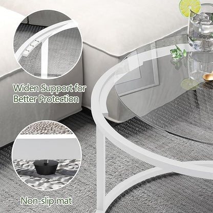 Glass Coffee Table Modern Center Table,Minimalist Coffee Table Sofa Side Tea Table for Living Room,Tempered Glass-top with Sturdy Metal Frame, Easy Assembly, 27 x 27 x 17 Inch,White