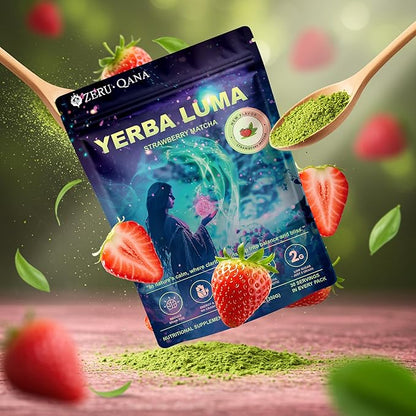 Yerba Mate Instant Tea Powder, 3-in-1 Super Bloom Energy Drink, Low Sugar, Supports Mental Clarity, Containing Prebiotics and Probiotics | Strawberry Matcha Flavor 30 Servings