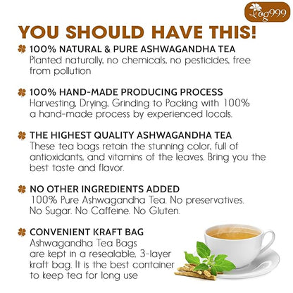TOG999, Premium 60 Ashwagandha Root Tea Bags, 100% Natural & Pure, Ashwagandha Root Herbal Tea. No Sugar, No Caffeine, No Gluten, Vegan.