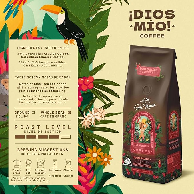 Dios Mio Coffee by Sofia Vergara, Dark Roast, Whole Bean Premium Colombian Coffee, 12 Ounce Bag (Pack of 2)