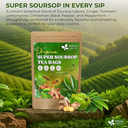 FreshDrinkUS, Super Soursop Herbal Tea – 40 Tea Bags | Soursop, Ginger, Turmeric, Lemongrass, Cinnamon, Black Pepper & Peppermint | Caffeine-Free, Natural Flavor, Plant-Based Blend | Sugar-Free