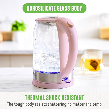 GreenLife 1.7 Liter Glass Electric Kettle, Easy One Touch Use, Quick Heating, Filtered Spout, LED Base, Auto Shut-Off, Cordless Serving, Coffee and Tea, Pink