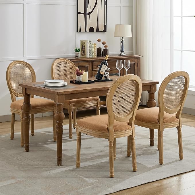 French Country Dining Chairs Set of 8, Amber Cane Back Rattan Dining Chairs with Linen Upholstered Seat, Solid Wood Legs, Farmhouse Kitchen & Dining Room Chairs, Sillas De Comedor (Amber, 8Pcs)