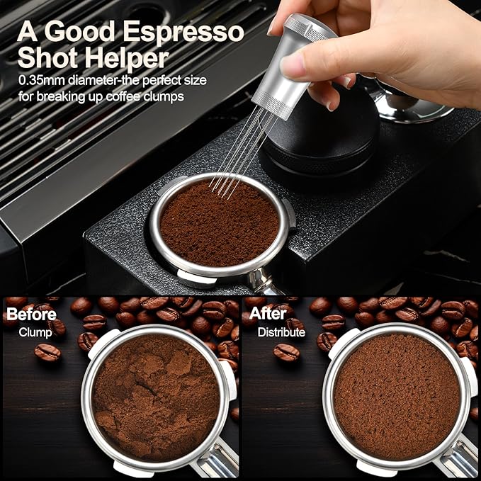 WDT Espresso Stirrer, Espresso Distribution Tool with Self Cleaning Brush, 10 x 0.35mm WDT Needles and Extra 10 Needles for Espresso Distributor, Aluminum Handle with Stand for Barista
