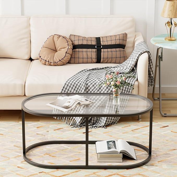 Coffee Table Black Glass Coffee Tables for Living Room, Oval Table Center Table with Sturdy Metal Frame,Modern Tempered Glass Accent Tables for Bedroom Home Office