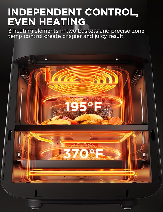 Midea Dual Basket Air Fryer Oven 11 Quart 8 in 1 Functions, Clear Window, Smart Sync Finish, Works with Alexa, Wi-Fi Connectivity, 50+ App Recipes for family meals, Bake, Roast, Grill, Broil, Toast