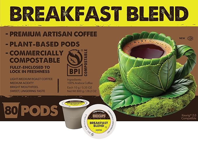 Ekocups Breakfast Blend Coffee Pods – Light Roast, Compostable, Plant-Based & Freshness-Sealed – French Press-Quality Brew – K-Cup Brewer Compatible – 80ct