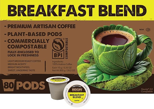Ekocups Breakfast Blend Coffee Pods – Light Roast, Compostable, Plant-Based & Freshness-Sealed – French Press-Quality Brew – K-Cup Brewer Compatible – 80ct