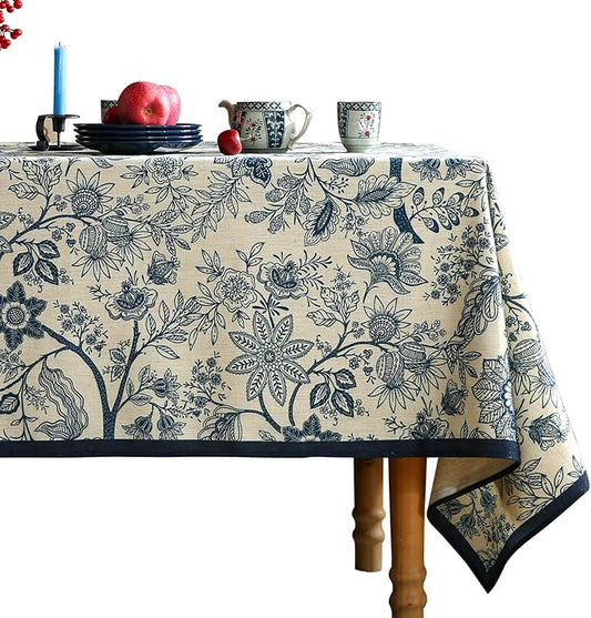 Designer French Linen Table Cloth for Rectangle Table,Blue Floral Washable Indoor Tablecloth,Durable Home Decor Tablecloths for Dining Thanksgiving Kitchen Party Christmas,55"*79"-Ruyi B